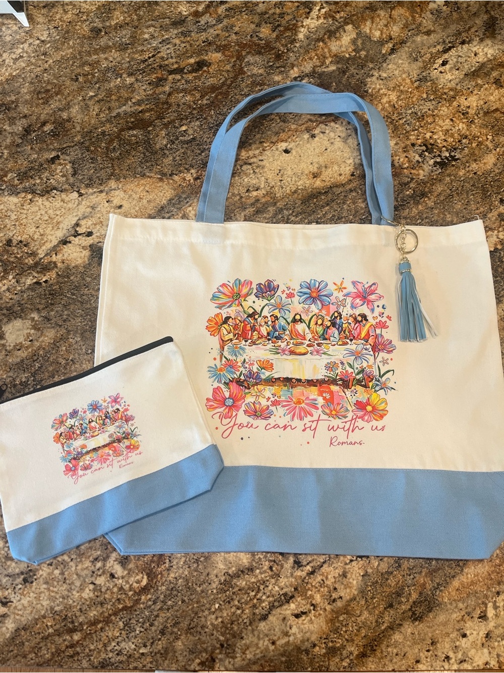 Spiritual Floral Script Canvas Tote Bag with Matching Pouch - Blue Trim
